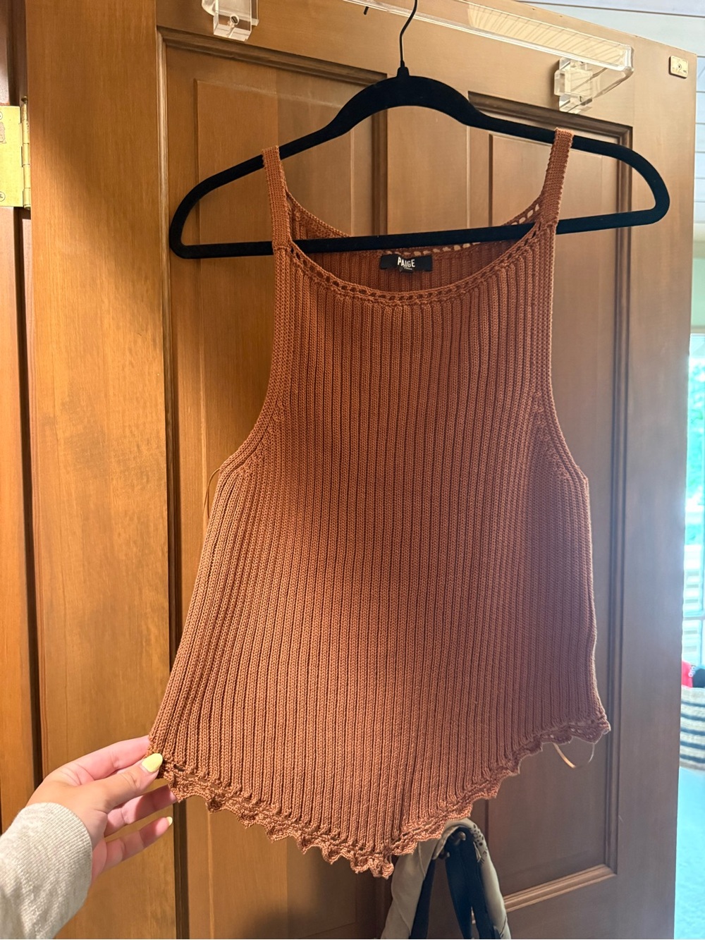 Knit Ribbed Scallop-Edge Tank Top in Rust Brown